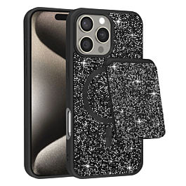 Magnetic Diamond Dual Layer Protection Case with Magnetic Card Slot- BLACK for iPhone 15 Pro Max (Only Ground Shipping)
