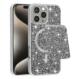 Magnetic Diamond Dual Layer Protection Case with Magnetic Card Slot- SILVER for iPhone 16 Pro Max (Only Ground Shipping)