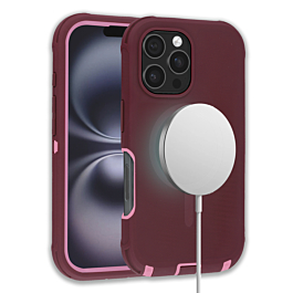 Wireless Charging Heavy Duty Case - MAROON & BLACK for iPhone 16 Pro Max (Only Ground Shipping)