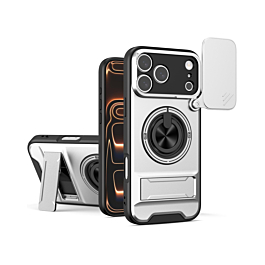 Shockproof Mag Safe Slide Lens Case with Ring Holder - SILVER for iPhone 17 Pro Max (Only Ground Shipping)