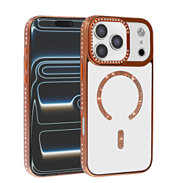 Magnetic Clear Glitter Case with Rhinestone Frame for iPhone 17 Pro Max (ORANGE) (Only Ground Shipping)