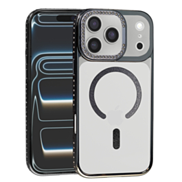Magnetic Clear Glitter Case with Rhinestone Frame for iPhone 17 Pro Max (BLACK) (Only Ground Shipping)