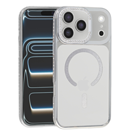 Magnetic Clear Glitter Case with Rhinestone Frame for iPhone 17 Pro Max (SILVER) (Only Ground Shipping)