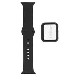 iWatch 44mm Silicone Soft Band & Bumper Case with Tempered Glass - BLACK (Only Ground Shipping)