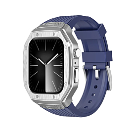 Sports Rugged Band with Metal Cover for iWatch (44mm / 45mm) - BLUE & SILVER(Only Ground Shipping)