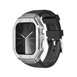 Sports Rugged Band with Metal Cover for iWatch (44mm / 45mm) - BLACK & SILVER (Only Ground Shipping)