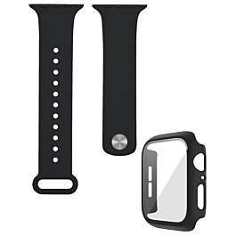 iWatch 45mm Silicone Soft Band & Bumper Case with Tempered Glass - BLACK (Only Ground Shipping)