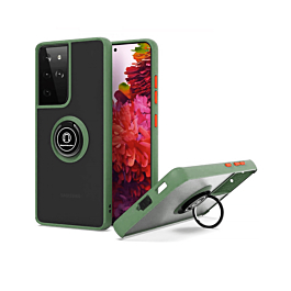 Galaxy S21 Ultra Hard PC Rear / Soft TPU Colorful Border Case with I-ring Holder - DARK GREEN (Only Ground Shipping)