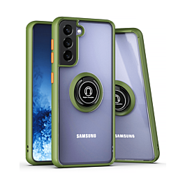Galaxy S21 FE Hard PC Rear / Soft TPU Colorful Border Case with I-ring Holder - NAVY GREEN (Only Ground Shipping)