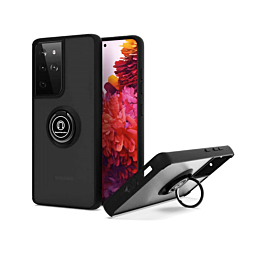 Galaxy S22 Ultra Hard PC Rear / Soft TPU Colorful Border Case with I-ring Holder - BLACK (Only Ground Shipping)