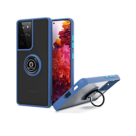 Galaxy S22 Ultra Hard PC Rear / Soft TPU Colorful Border Case with I-ring Holder - NAVY BLUE (Only Ground Shipping)