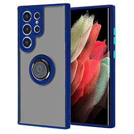 Galaxy S23 Ultra Hard PC Rear / Soft TPU Colorful Border Case with I - ring Holder - BLUE (Only Ground Shipping)