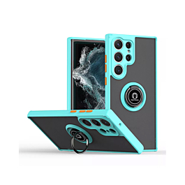 Galaxy S24 Ultra Hard PC Rear / Soft TPU Colorful Border Case with I-ring Holder - LIGHT BLUE (Only Ground Shipping)