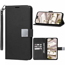 Elegant Leather Wallet Case with Wristlet Strap - BLACK for Galaxy S25E (Only Ground Shipping)