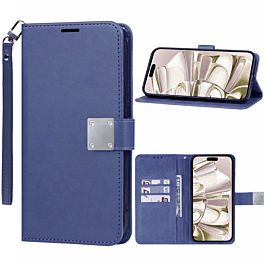 Elegant Leather Wallet Case with Wristlet Strap - BLUE for Galaxy S25E (Only Ground Shipping)