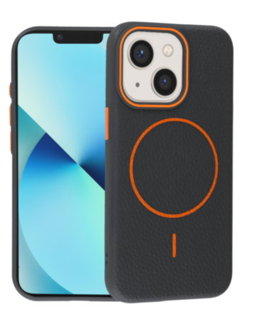 Magnetic Leather Soft Cases (BLACK & ORANGE) for iPhone 13 Mini (Only Ground Shipping)
