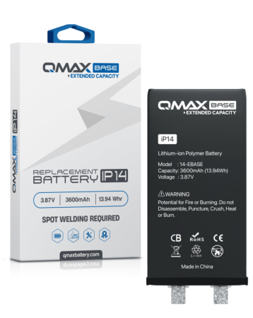 Order the QMAX base extended capacity replacement battery for iPhone 14 – 3600 mAh, spot weld required.