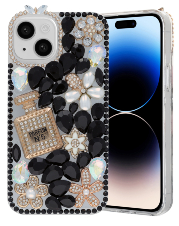 Crystal Flower Perfume Silicone Hard Case - BLACK for iPhone 13 / 14 (Only Ground Shipping)