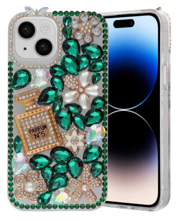 Crystal Flower Perfume Silicone Hard Case - GREEN for iPhone 13 / 14 (Only Ground Shipping)