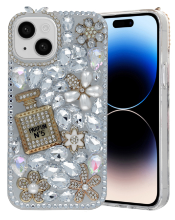 Crystal Flower Perfume Silicone Hard Case - SILVER for iPhone 13 / 14 (Only Ground Shipping)
