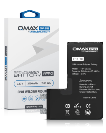 Buy the QMAX Base extended capacity replacement battery for iPhone 14 Pro, spot weld required, with 3400 mAh.