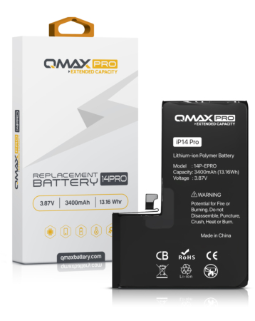 Purchase the QMAX Pro extended capacity replacement battery for iPhone 14 Pro with 3400 mAh.