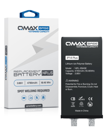 Order the QMAX base extended capacity replacement battery for the iPhone 14 Plus — 4780 mAh, spot weld required.
