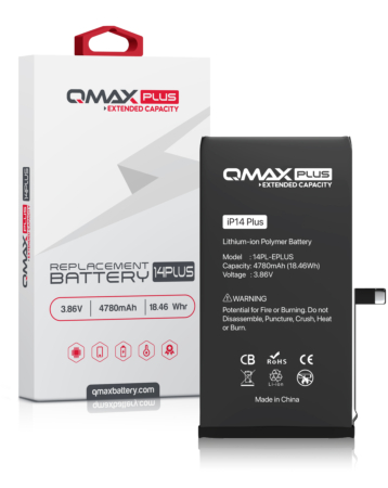 Purchase the QMAX Plus extended capacity replacement battery for the iPhone 14 Plus — 4780 mAh.
