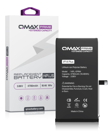 Grab the wholesale deals on the QMAX Prime extended capacity replacement battery for the iPhone 14 Plus — 4780 mAh, spot weld not required.
