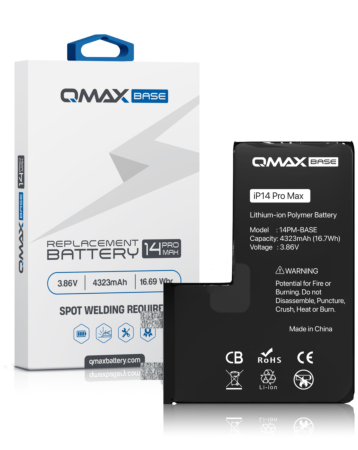 Shop the QMAX Base Replacement Battery for iPhone 14 Pro Max, spot weld required, 4323 mAh.
