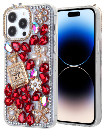 Crystal Flower Perfume Silicone Hard Case - RED for iPhone 14 Pro Max (Only Ground Shipping)