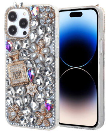 Crystal Flower Perfume Silicone Hard Case - SILVER for iPhone 14 Pro Max (Only Ground Shipping)