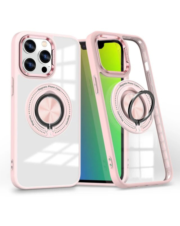 Transparent Wireless Charging Case with Ring Holder - PINK for iPhone 14 Pro Max (Only Ground Shipping)