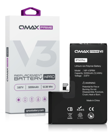 Order the QMAX Prime V3 replacement battery for iPhone 14 Pro, no pop-up, 3200 mAh.

