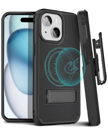 Dual Layer Hybrid Case and Belt Clip Holster - BLACK for iPhone 15 (Only Ground Shipping)