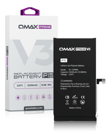 Order the QMAX Prime V3 Replacement Battery for iPhone 15 with no pop-up and 3349 mAh.
