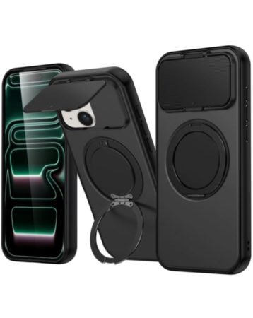 Flip Lens Cover Case with MagSafe Ring Kickstand (BLACK) for iPhone 14 Plus / 15 Plus (Only Ground Shipping)