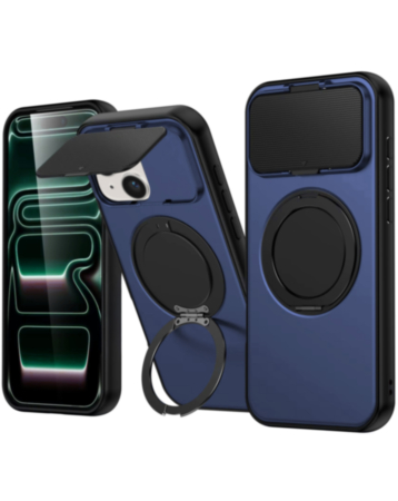 Flip Lens Cover Case with MagSafe Ring Kickstand (NAVY BLUE) for iPhone 14 Plus / 15 Plus (Only Ground Shipping)