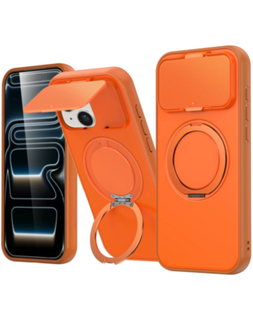 Flip Lens Cover Case with MagSafe Ring Kickstand (ORANGE) for iPhone 14 Plus / 15 Plus (Only Ground Shipping)