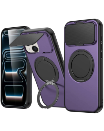 Flip Lens Cover Case with MagSafe Ring Kickstand (PURPLE) for iPhone 14 Plus / 15 Plus (Only Ground Shipping)