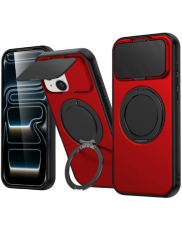 Flip Lens Cover Case with MagSafe Ring Kickstand (RED) for iPhone 14 Plus / 15 Plus (Only Ground Shipping)