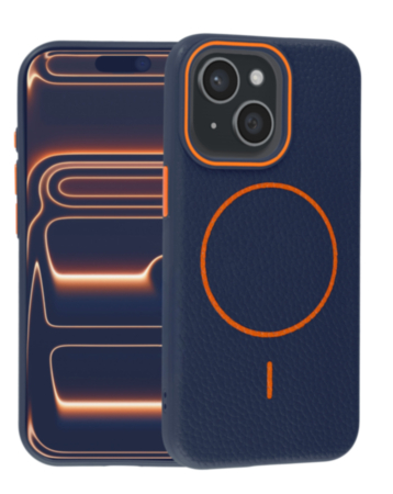 Magnetic Leather Soft Cases (WAYNE BLUE & ORANGE) for iPhone 14 Plus / 15 Plus (Only Ground Shipping)