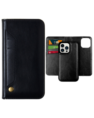 Genuine Leather Magnetic Wallet Case with Credit Card Slot - BLACK for iPhone 15 Pro (Only Ground Shipping)