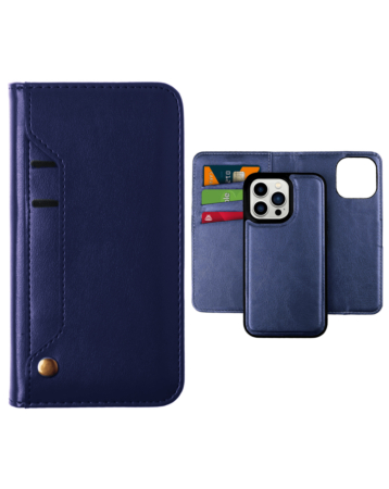 Genuine Leather Magnetic Wallet Case with Credit Card Slot - BLUE for iPhone 15 Pro (Only Ground Shipping)