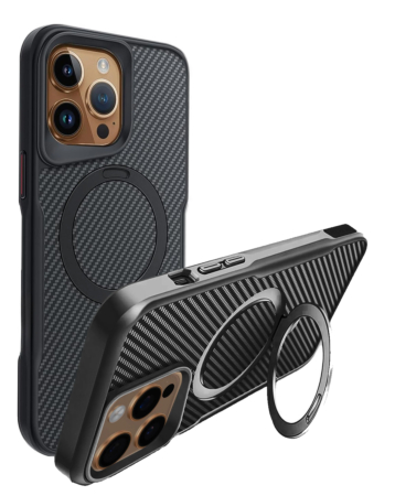 Carbon Fiber Magnetic Kickstand Case - BLACK for iPhone 15 Pro (Only Ground Shipping)