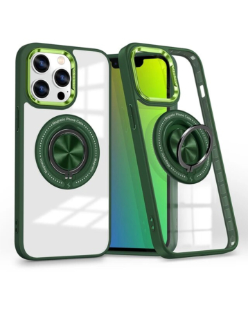 Transparent Wireless Charging Case with Ring Holder - GREEN for iPhone 15 Pro (Only Ground Shipping)