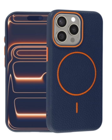 Magnetic Leather Soft Cases (WAYNE BLUE & ORANGE) for iPhone 15 Pro Max (Only Ground Shipping)