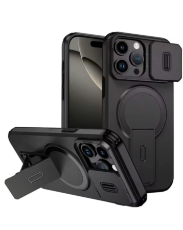Magnetic Push Slide Lens Case with Kickstand- BLACK for iPhone 15 Pro Max (Only Ground Shipping)