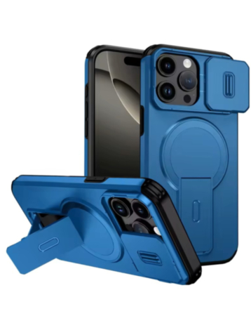 Magnetic Push Slide Lens Case with Kickstand (BLUE) for iPhone 15 Pro Max (Only Ground Shipping)
