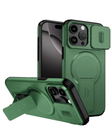 Magnetic Push Slide Lens Case with Kickstand (GREEN) for iPhone 15 Pro Max (Only Ground Shipping)